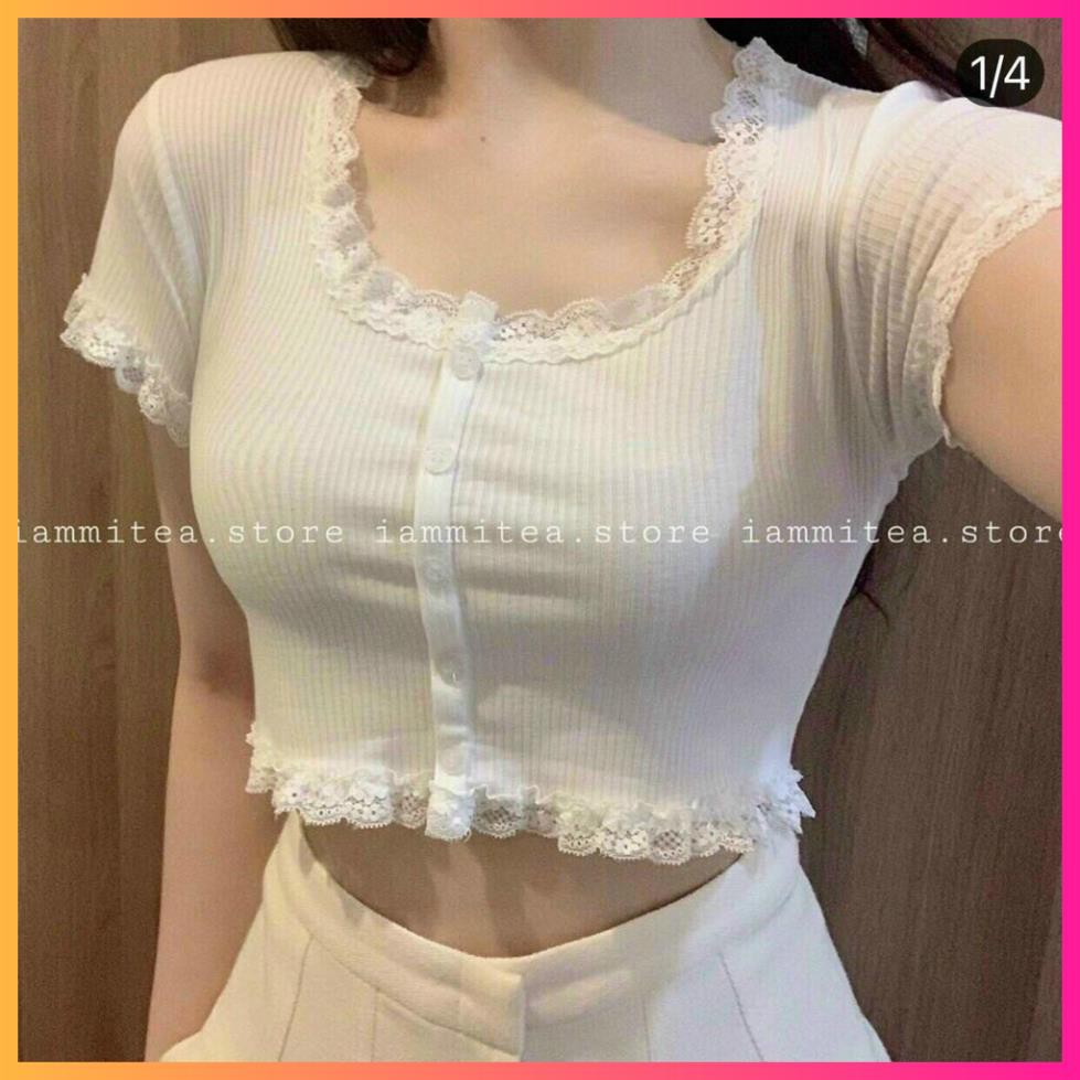 Áo Croptop cổ vuông, viền ren form ôm cực đẹp vải mềm, Thấm hút mồ hôi - MOONMY