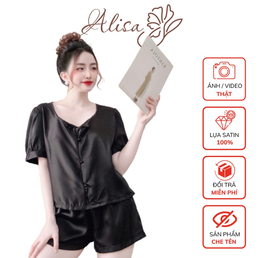 Đồ ngủ tiểu thư tay ngắn đính nút ngọc ALISA, lụa satin cao cấp mềm mại, freesize 40-60kg tùy chiều cao