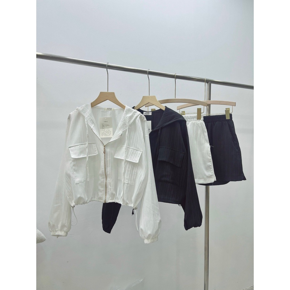 Set thể thao áo khoác nhăn dài tay kèm quần short màu trơn