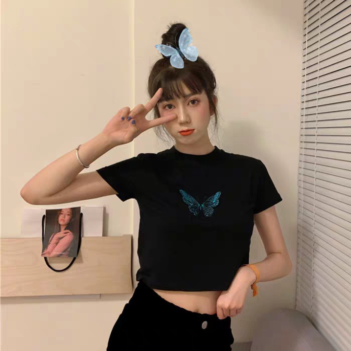 ÁO CROPTOP THUN NGẮN TAY CỔ TRÒN THÊU HÌNH CON BƯỚM ULZZANG ĐEN TRẮNG