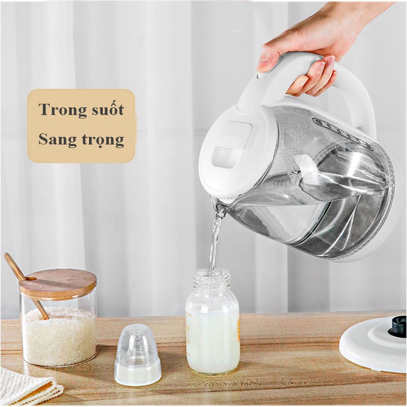 Ấm siêu tốc thủy tinh Peskoe, Kalas, Bình đun nước đựng nước trong suốt tinh tế hiện đại dung tích 2 lít màu trắng