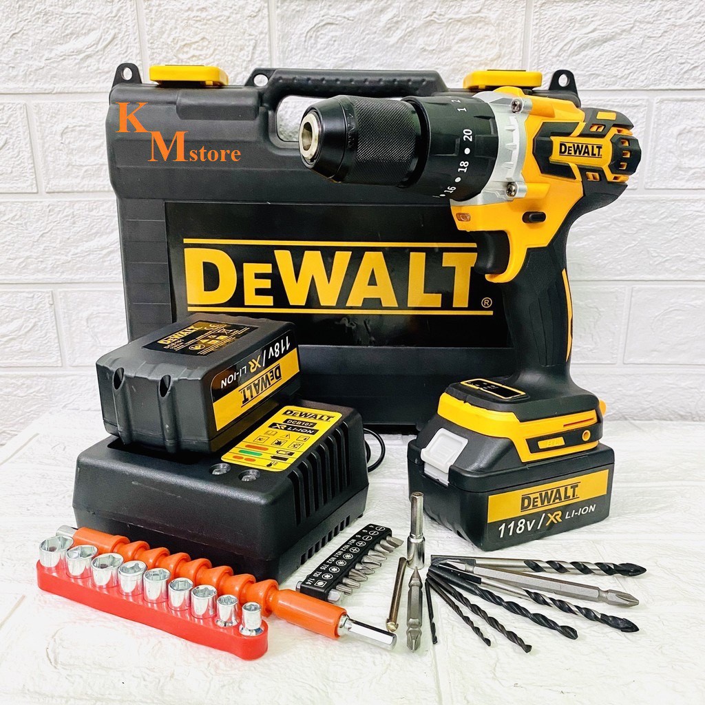 Máy Khoan Pin DeWaLT 118V - KHÔNG CHỔI THAN - PIN KHỦNG 10 CELL - Tặng 29 Phụ Kiện