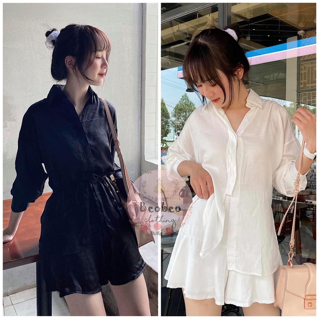 Set áo sơ mi tay dài kèm quần short lưng thun thắt nơ eo ulzzang