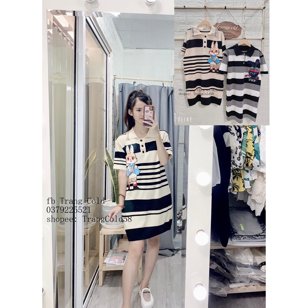 Váy len kẻ thêu thỏ dáng suông cổ đức _ hàng QC đẹp (Ảnh thật shop tự chụp )