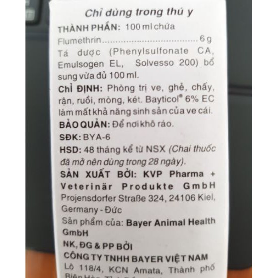 Đẩy Lùi Ve - Rận - Bọ Chét Trên Vật Nuôi - Dạng Nước Nhỏ - Xịt - Bayticol 6% - Thể Tích 10ml