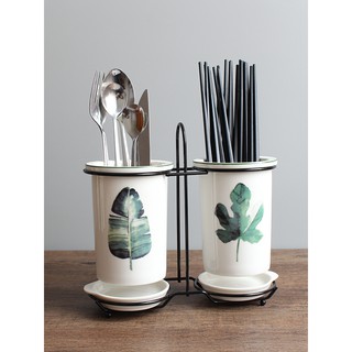 (Sẵn) Giỏ ống đựng đũa gốm sứ họa tiết lá xanh xuất Nhật