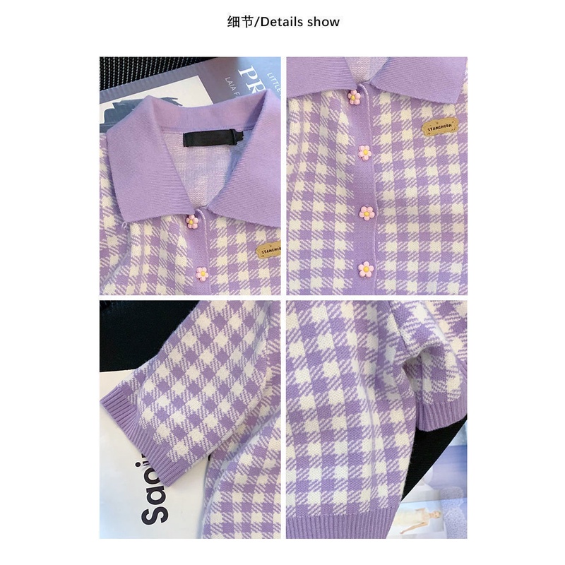 Áo Sweater Ngắn Tay Họa Tiết Sọc Caro Phong Cách Hàn Quốc Thời Trang Mùa Hè Cho Nữ