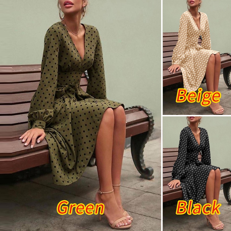 Đầm maxi Zanzea tay dài cổ chữ V in chấm B hợp thời trang