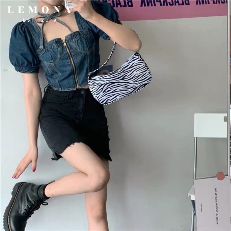 ÁO CROPTOP KIỂU CỔ VUÔNG THẮT NƠ ĐỘC ĐÁO XANH DENIM HÀN QUỐC