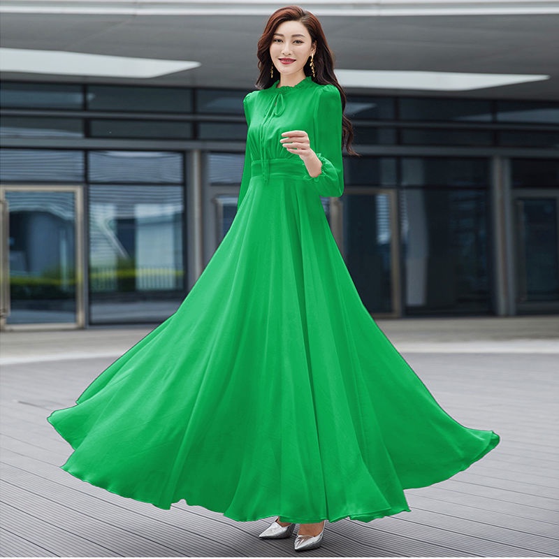 Đầm Chiffon Dài Qua Gối Tay Dài Viền Ren Lớn Mùa Xuân Thu Phong Cách Mới