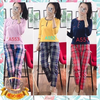 Đồ bộ mặc nhà, đồ bộ thu đông, đồ ngủ áo cotton quần thô kẻ bèo