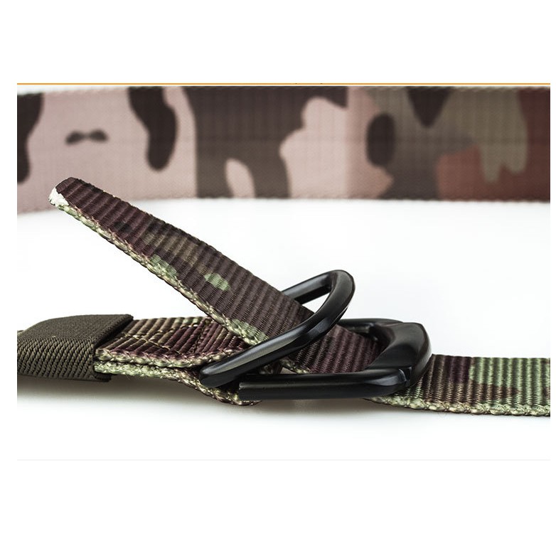 Dây nịt thắt lưng canvas dạng gài 2 thanh tròn khóa chữ D double ring rằn ri camo màu full đen
