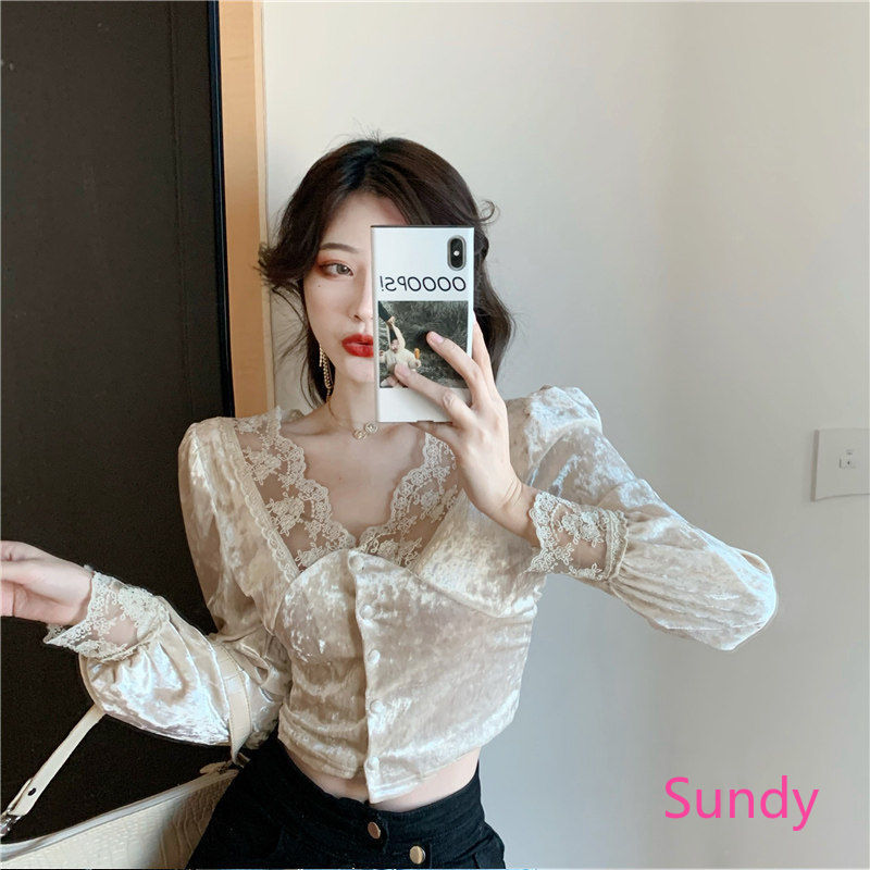 Áo Kiểu Tay Dài Phối Ren Hoa Thiết Kế Cổ Chữ V Quyến Rũ Cho Nữ