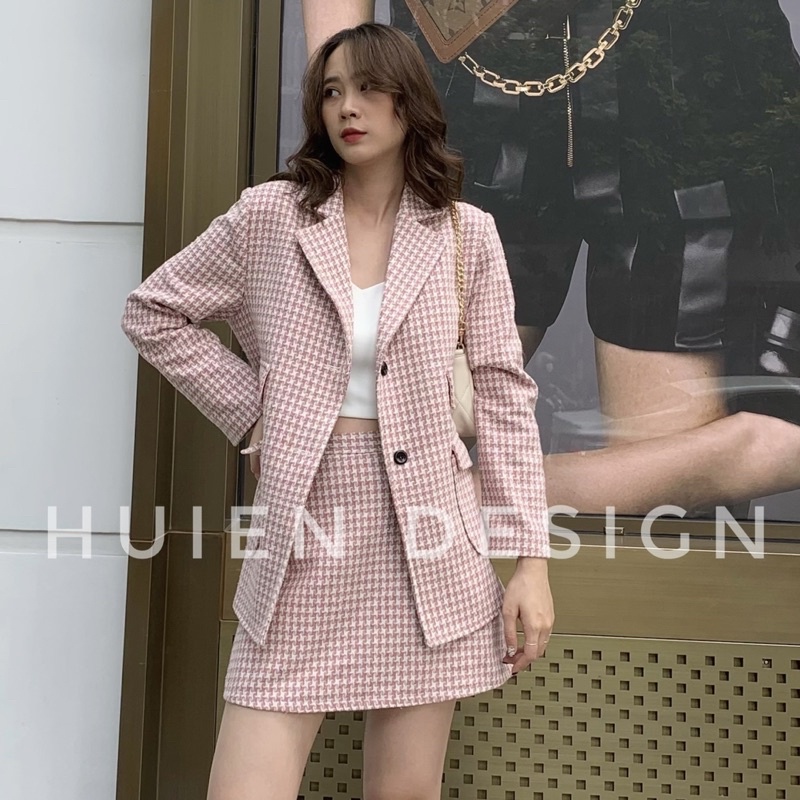 Áo khoác blazer tweed nữ 2 lớp dáng dài tay dài vải xịn hàng thiết kế Huien Design phong cách sang trọng form Hàn Quốc