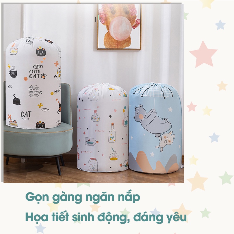 Túi đựng chăn màn, quần áo hình trụ đứng cỡ lớn 135l, miệng dây rút chống thấm nước bụi bẩn hình thú cute