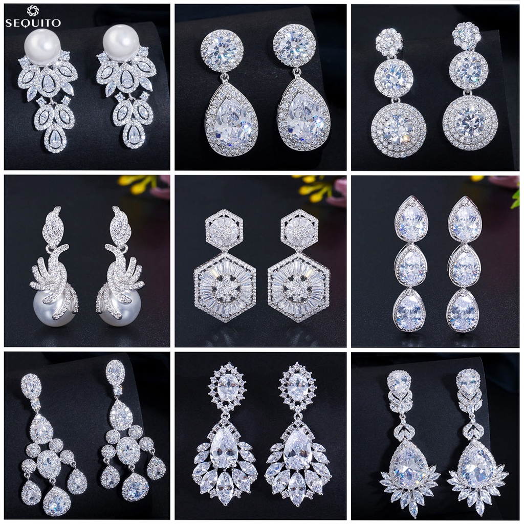Sequito Bông Tai Dáng Dài Đính Đá zircon Và Ngọc Trai Giả Màu Bạc / Vàng Trắng Thời Trang Dự Tiệc Cưới e561