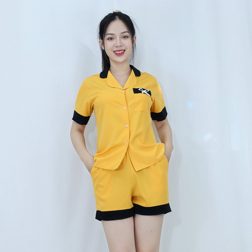 Bộ đồ bộ Pijama NGẮN VÀNG PHA CỔ ĐEN ĐIỂM NHẤN NƠ TÚI CỰC XINH vải  lụa cao cấp -  Thoải Mái Nhẹ Nhàng
