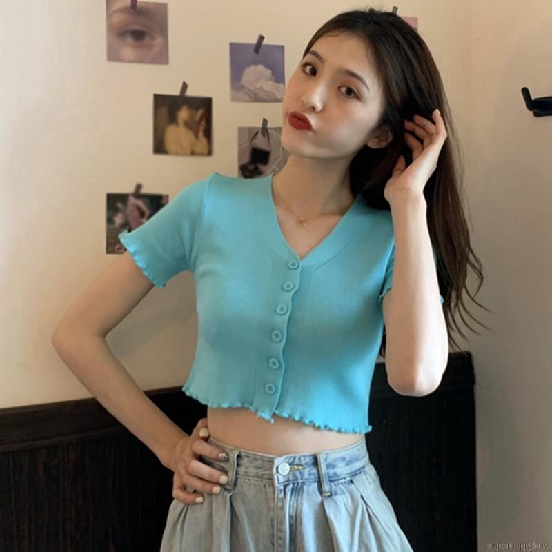 Áo dệt kim tay ngắn màu trơn cổ chữ V sành điệu