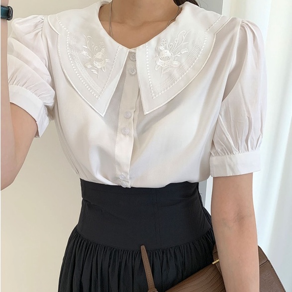 Áo Sơ Mi Trắng + Chân Váy Đen Dáng Dài Cạp Chun Búp Bê Kiểu Pháp Style Triệu Lộ Tư AC039