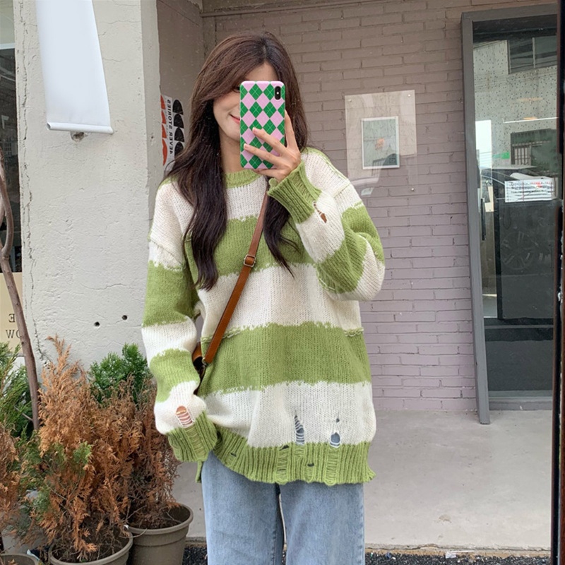 Áo Sweater Dệt Kim Tay Dài Dáng Rộng Thiết Kế Xinh Xắn Cho Nữ