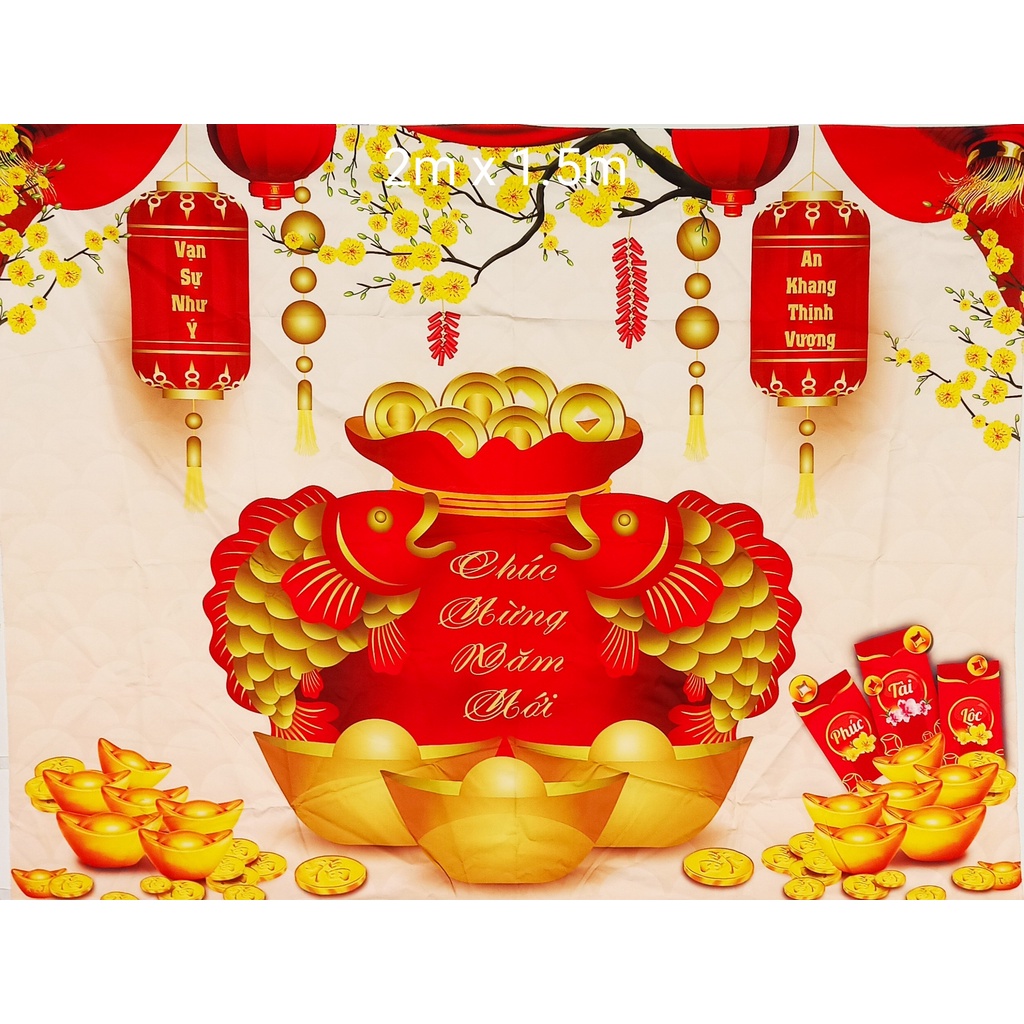 Tranh vải in 3D treo tường trang trí TẾT, decor CHÚC MỪNG NĂM MỚI, HAPPY NEWYEAR, [ tặng móc treo, miếng dán định vị]