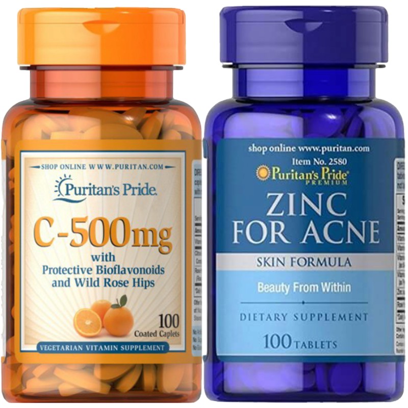 Combo Ngừa Mụn - Giảm Mụn, Làm Mờ Vết Thâm Zinc for Acne &amp; Vitamin C-500mg Puritan's Pride