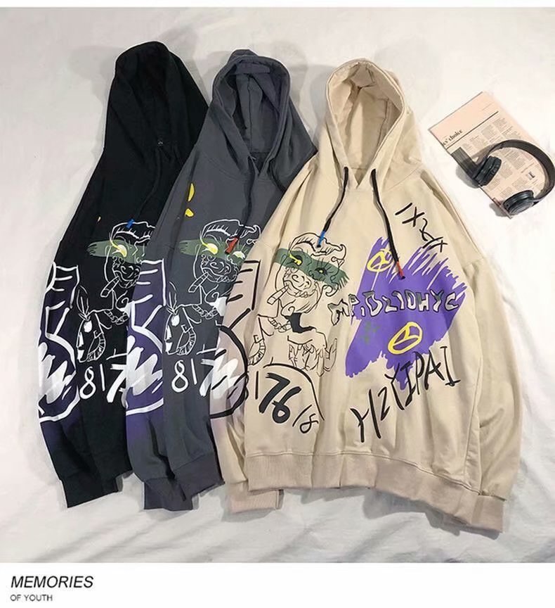 Áo hoodie dáng rộng tay dài in họa tiết graffiti gồm 3 màu sắc