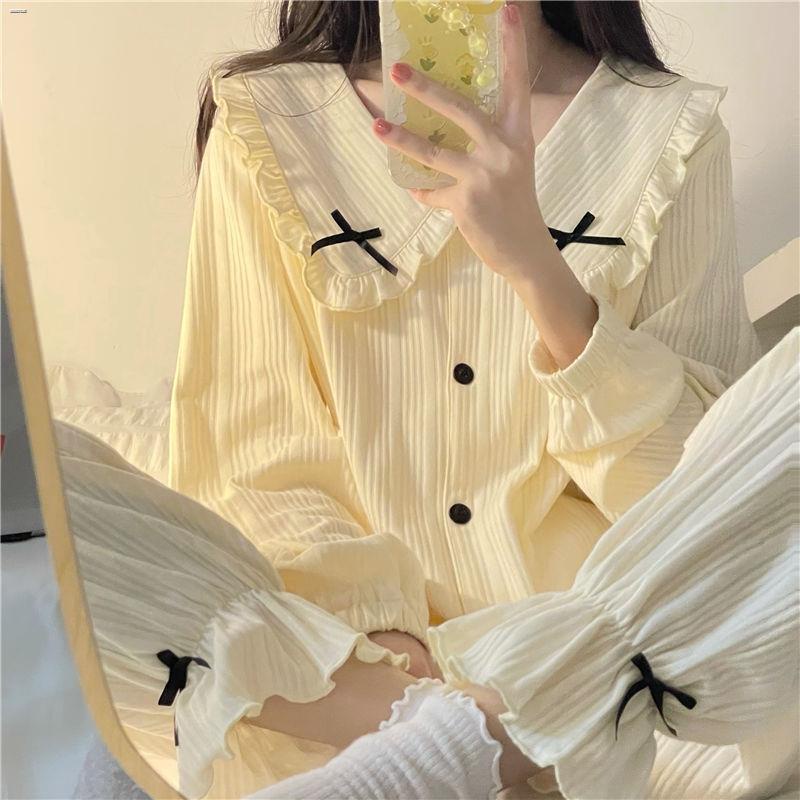 ❍✒Bộ đồ ngủ màu đỏ ròng phụ nữ mùa thu và mùa đông in xù cardigan búp bê cổ áo công chúa gió mùa xuân nơ trang phục phục