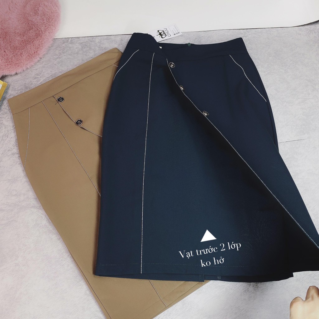 Chân váy công sở nữ kiểu dáng suông đính 3 nút viền sóng chỉ trắng CHUU CV5050