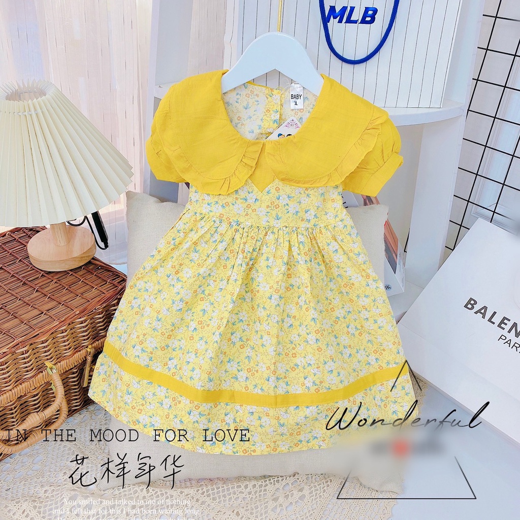 [V24] Váy Xòe Tay Bông Phối Ren Họa Tiết Hoa Cho Bé Gái Chất Vải Đũi Mịn Đủ Size Từ 8-18Kg VNXK Nhật-Hàn