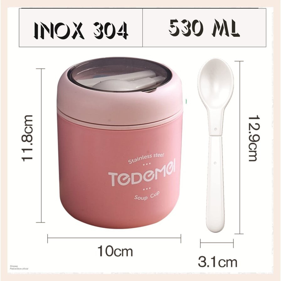 Bình ủ cháo, giữ nhiệt lõi inox 304 TEDEMEI 530ml kèm muỗng, Hộp đựng thức ăn cho bé, đựng cơm văn phòng 2 lớp