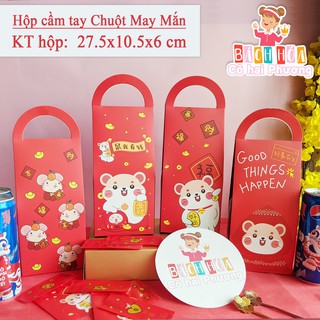 Hộp quà tặng, đựng bánh cookie, kẹo nougat - Mẫu Tết - Chuột may mắn (Có tay cầm)