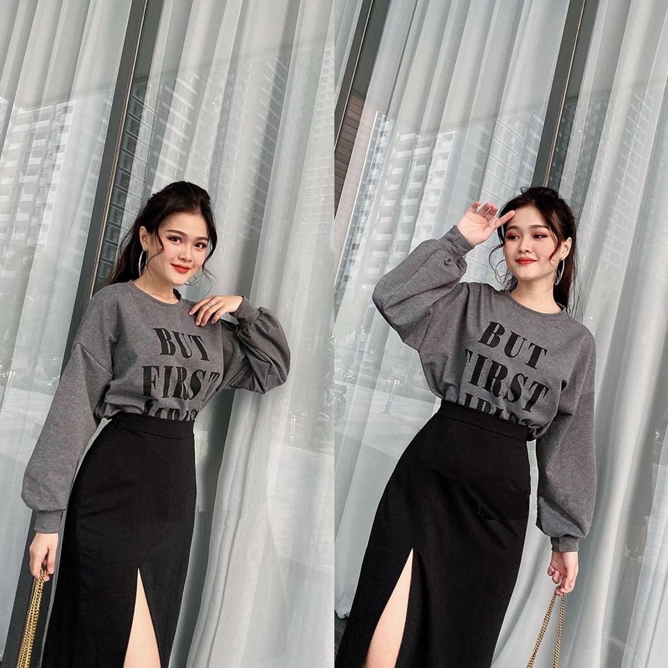 Áo thun croptop in chữ chất  JOY BABE, form siêu rộng tay dài, áo kiểu nữ trắng đen cool, phom to But First CRRD 4 -1E