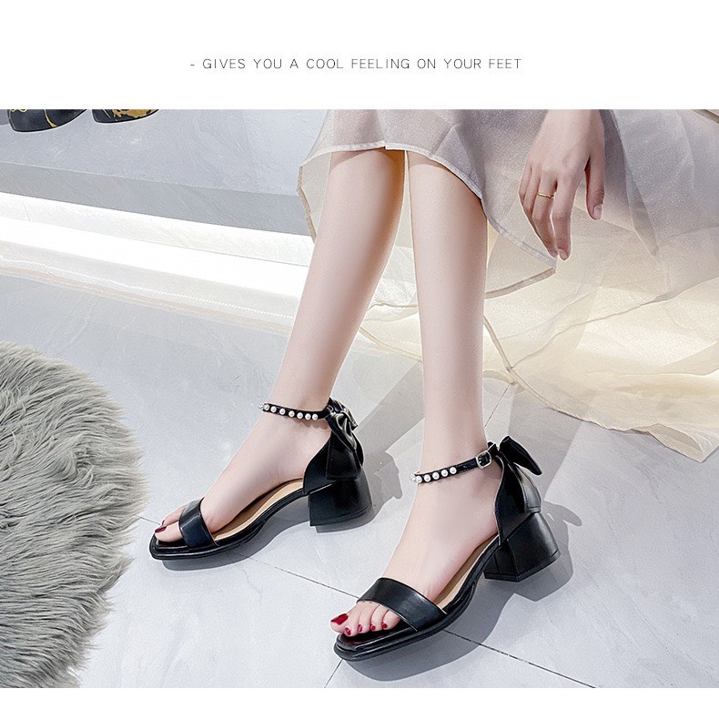 Sandal cao gót cho nữ đính nơ công chúa siêu xinh gót vuông phong cách Hàn Quốc (A53)