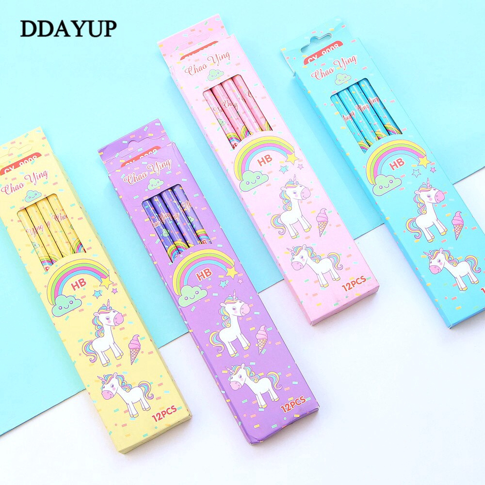 Bộ 12 bút chì HB in họa tiết kỳ lân hoạt hình dùng để vẽ tranh phác thảo cho học sinh