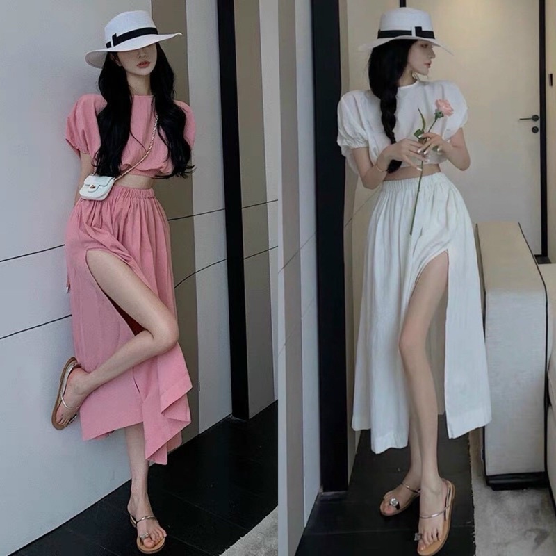 Set lụa áo croptop tay bồng/phồng kèm chân váy suông dài xẻ đùi trắng hồng, bộ thời trang nữ dạo phố đi biển du lịch