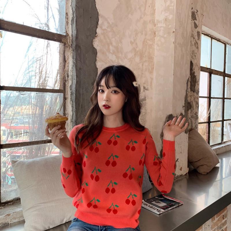 Women Autumn Knit Wool Clothing Cartoon Cherry Print Slim Long Sleeved Round Collar Slim Bottom Knit Sweater | BigBuy360 - bigbuy360.vn