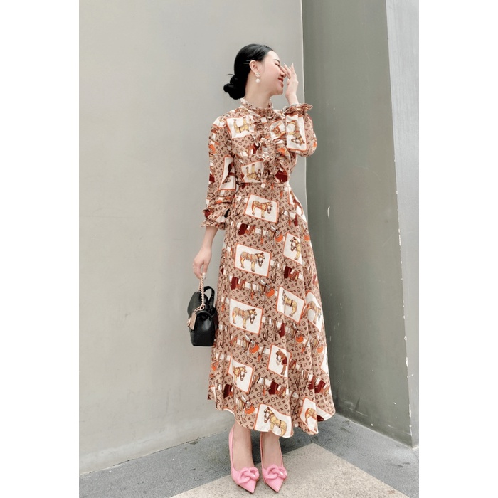 (Free ship) Mẫu Cực HOT-- Mẫu THiết Kế Hợp Thời Trang | Đầm Lụa Cổ Cao Tay Dài In Họa Tiết  UP VLTN Shop