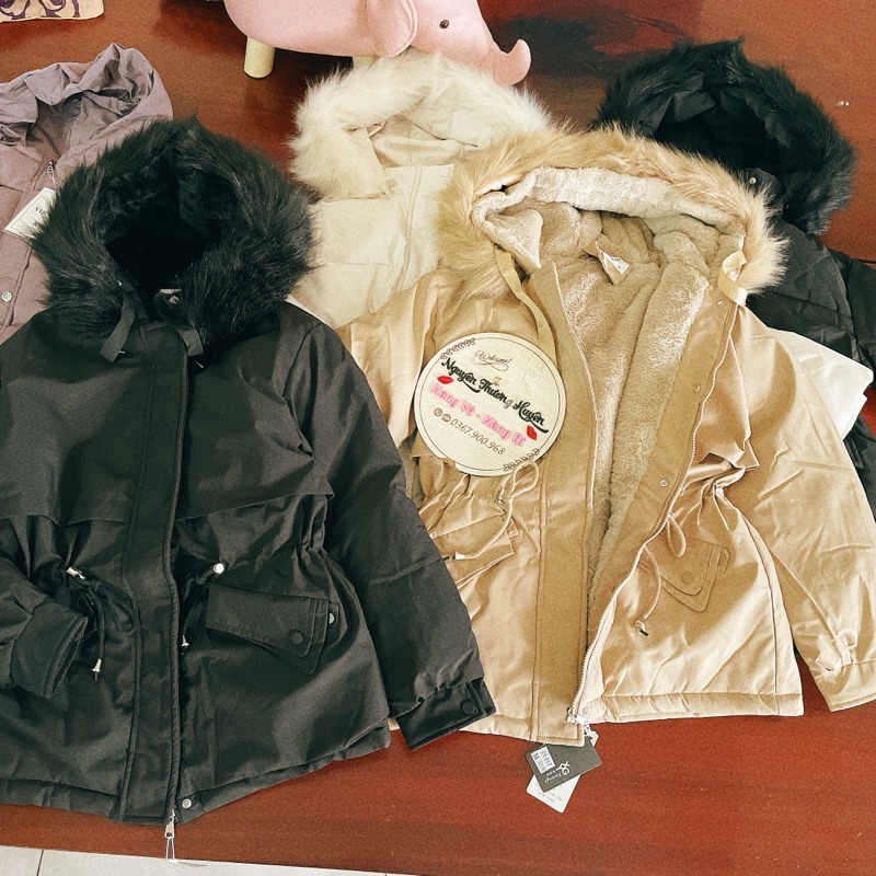 Áo khoác parka nữ phao lót lông, Áo Parka nữ lót lông túi kép 2021 dây rút eo sành điệu Ulzzang Lông mũ tháo rời