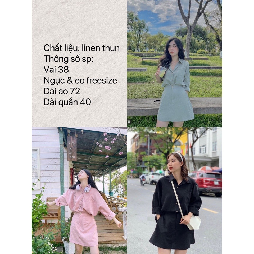 Set áo sơ mi tay dài phối chân váy chữ A chất đũi thun cực mát ba màu LOVI