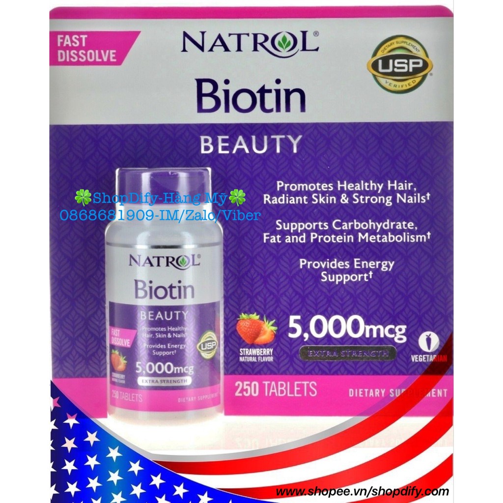 🍓 {Hàng Mỹ} Viên Ngậm Vị Dâu NATROL BIOTIN 250 Viên Hỗ Trợ Tóc, Móng, Da 🍓