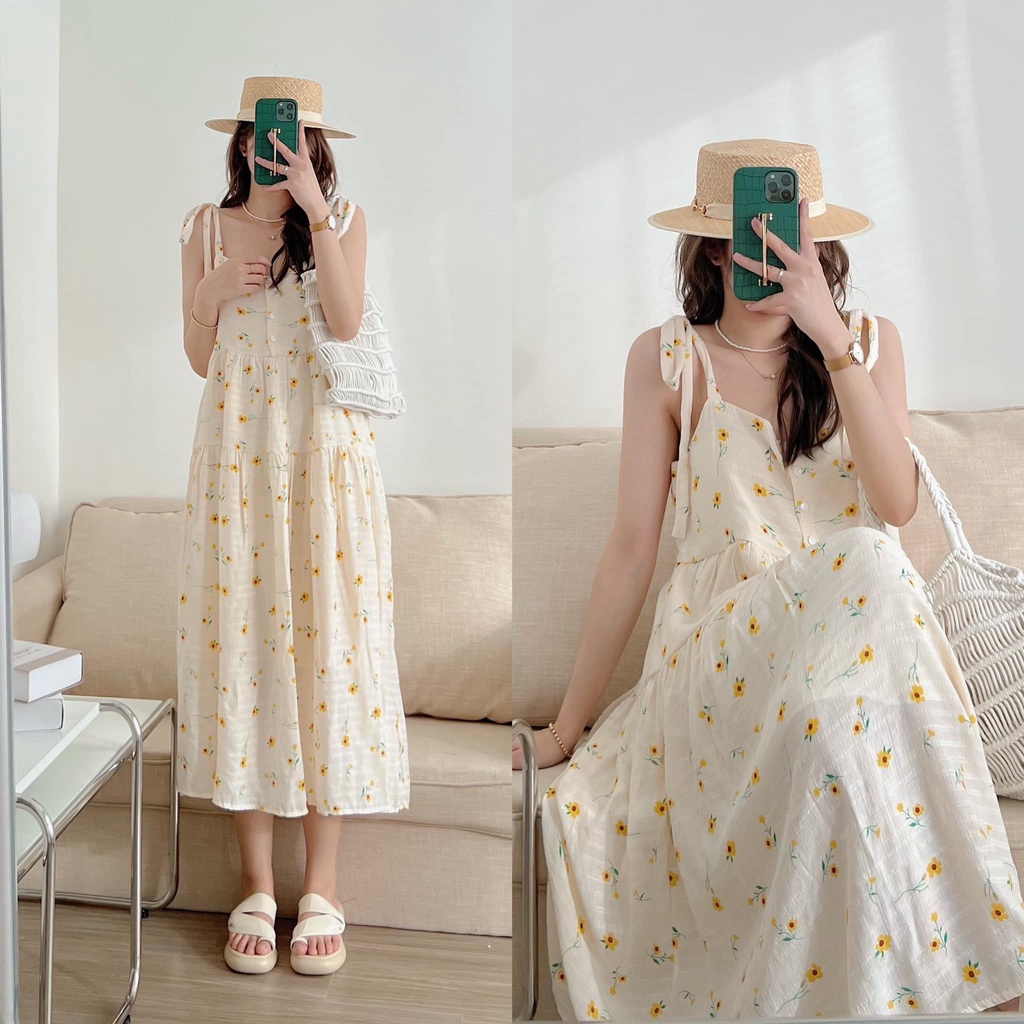 Váy đầm hai dây nơ vai hoa cúc vàng ba tầng babydoll siêu xinh loại 1