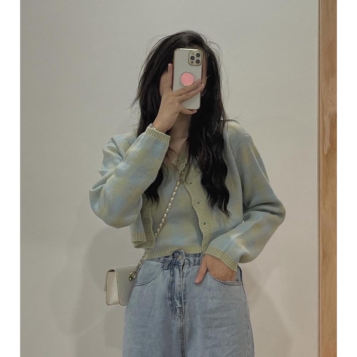 Set áo len khoác ngoài kèm áo 2 dây kẻ caro - 5 màu