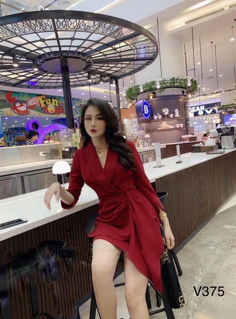 JANGMI - V375 Váy tay lỡ cổ vest vạt dài