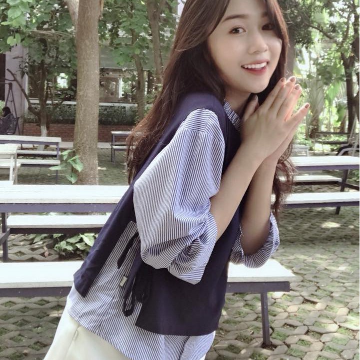 Áo babydoll xanh đen phối sọc cột nơ - có hình thật