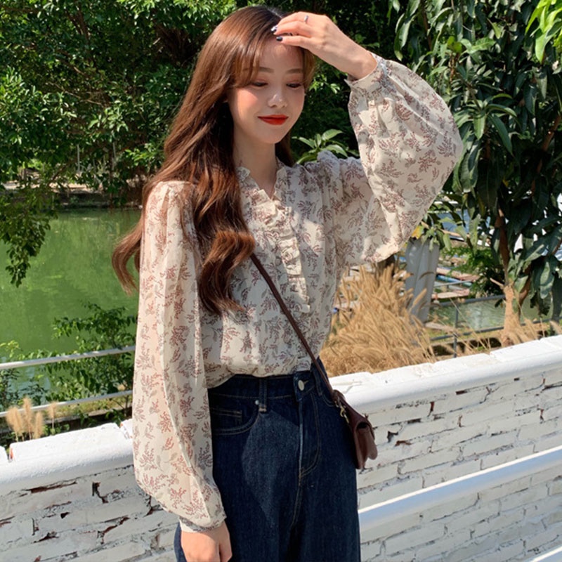 Áo sơ mi kiểu XINLANYASHE chiffon tay dài phồng họa tiết hoa dễ phối đồ phong cách Hàn Quốc Hawaii đáng yêu cho nữ
