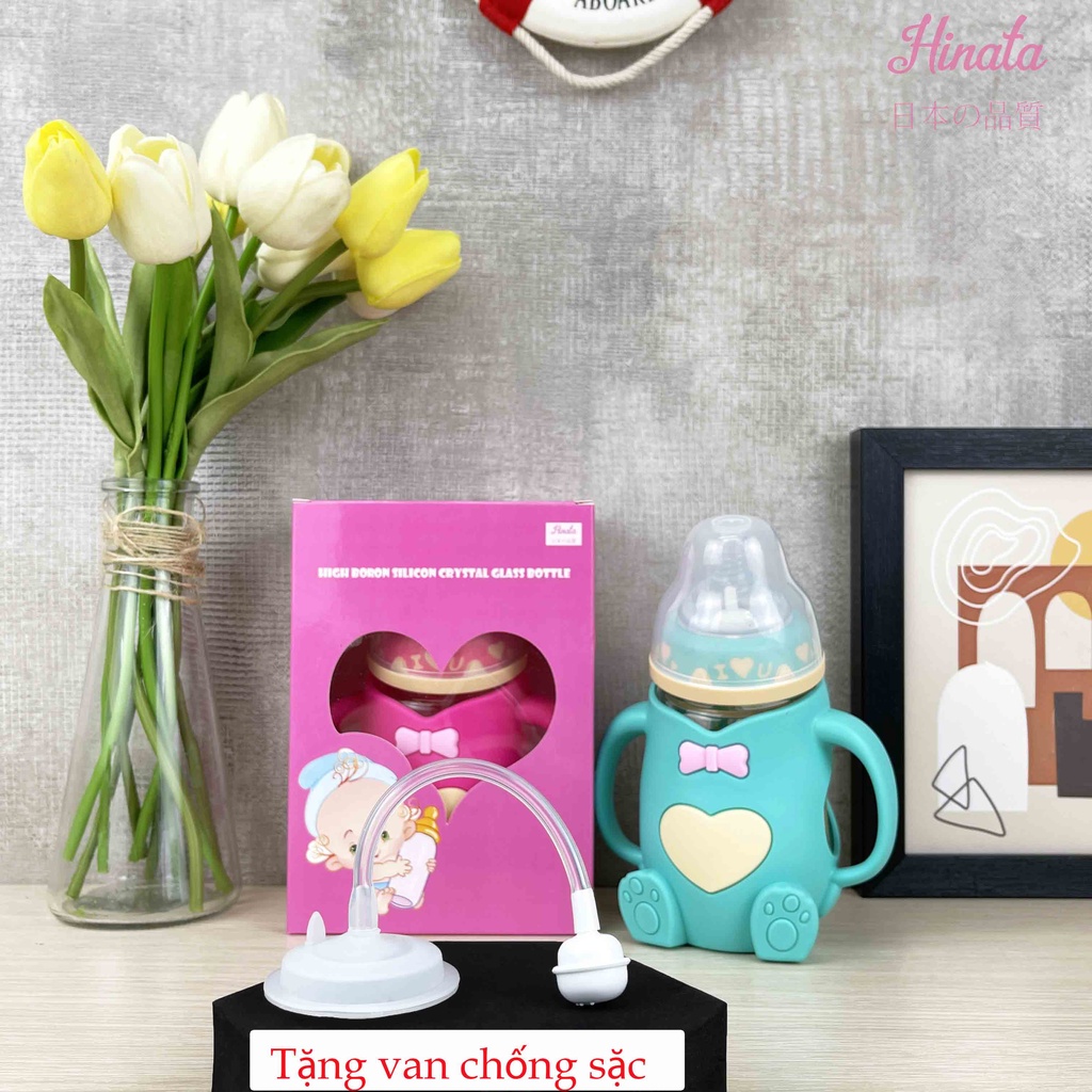 Bình sữa thủy tinh chống sặc HINATA - Giúp bé dễ cầm và dễ bú ở mọi tư thế BS01