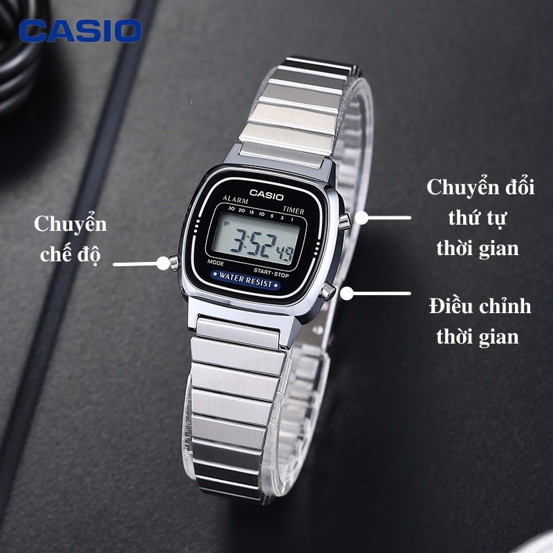 Đồng hồ nữ Casio điện tử chính hãng mặt vuông chống nước 3ATM , dây kim loại -LA670