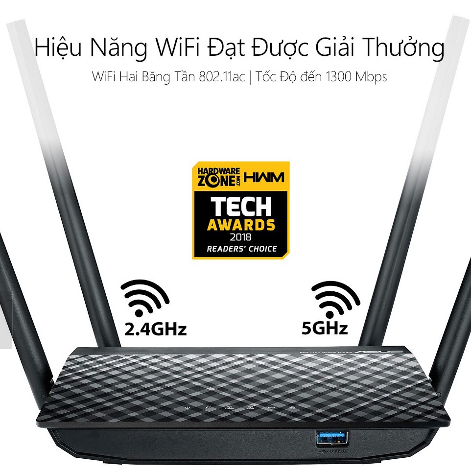 Router wifi ASUS RT-AC1300UHP (Dũng Sĩ Xuyên Tường) AC1300 MU-MIMO, 2 Băng Tần, AiProtection, USB 3.0