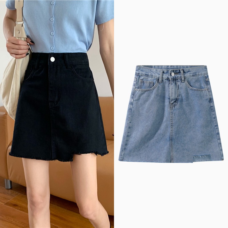 Xiaozhainv Chân váy chữ A lưng cao thiết kế bất đối xứng vải denim dành cho bạn nữ